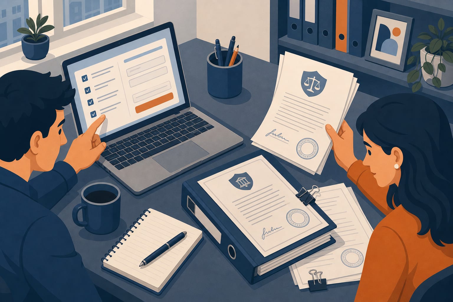 Dos fundadores comparando un formulario del Registro de Empresas y Sociedades con estatutos societarios en una mesa de trabajo, en una ilustración editorial sobria