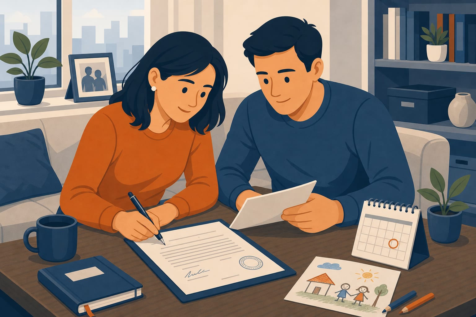 Ilustración editorial de dos cónyuges firmando un acuerdo de divorcio de mutuo acuerdo en su hogar