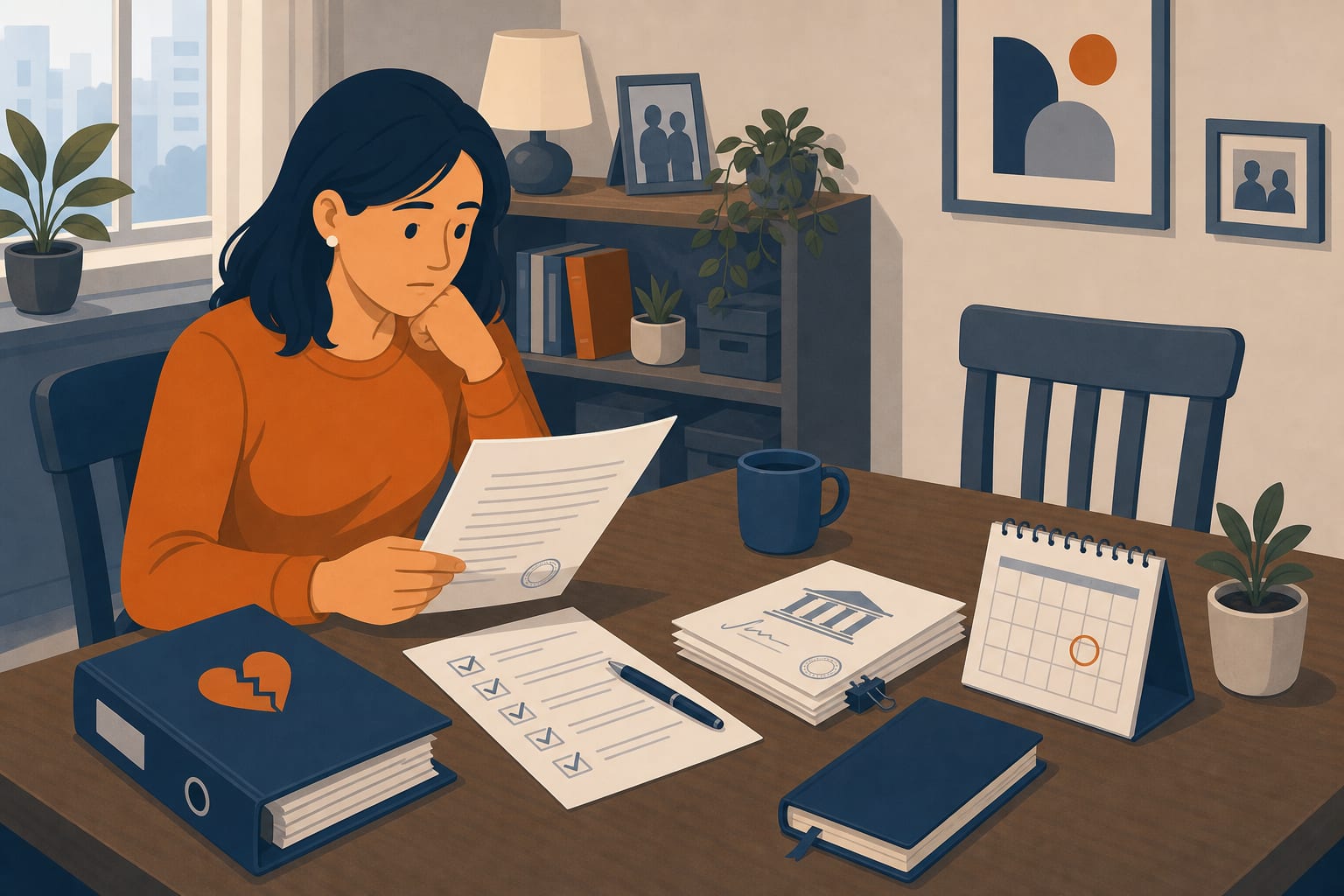 Mesa de comedor con documentos de separación y dos sillas distantes en un hogar, en una ilustración editorial sobria