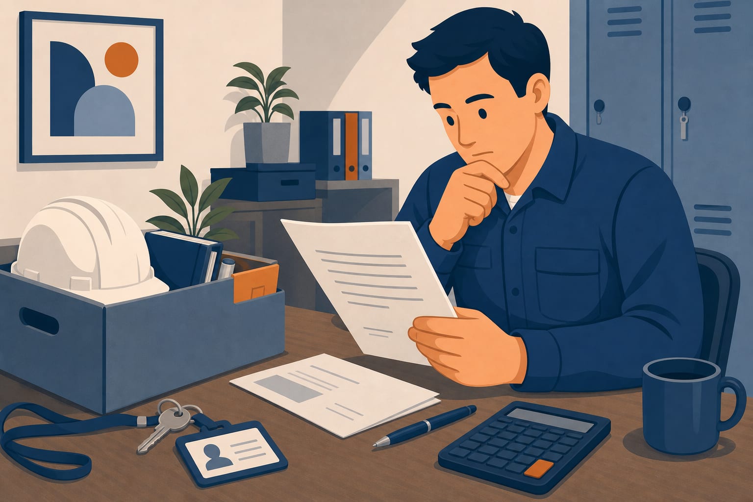 Trabajador revisando su finiquito con calculadora y documentos sobre el escritorio