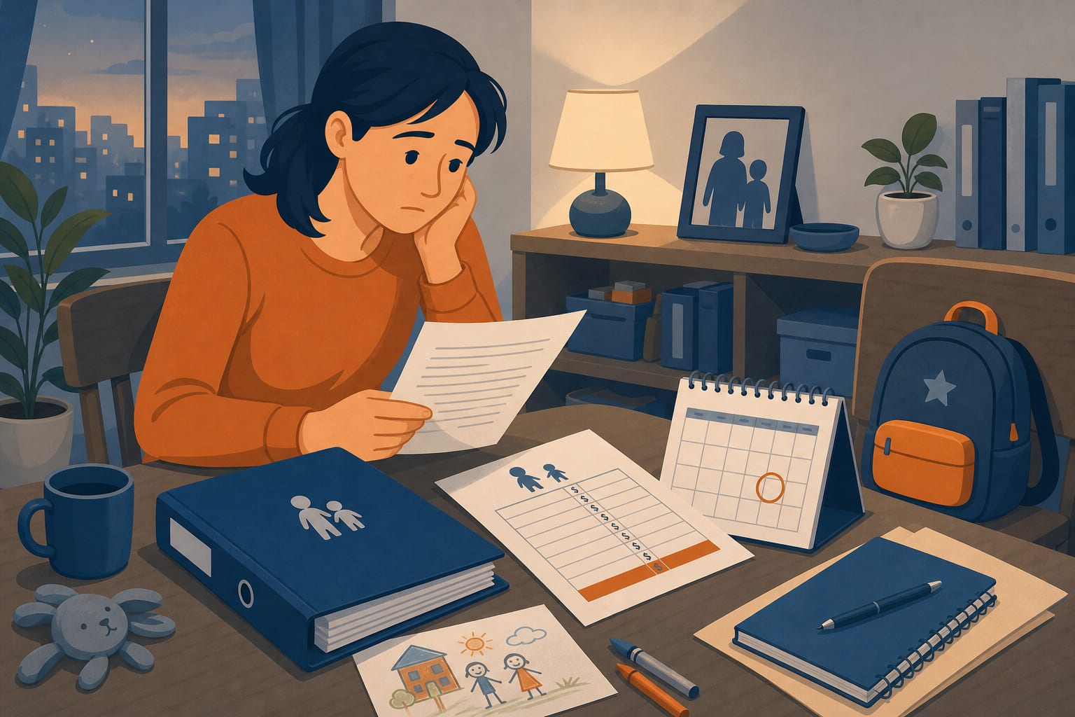Ilustración editorial de una carpeta de alimentos, un calendario, un formulario de demanda y elementos de cobro sobre una mesa clara