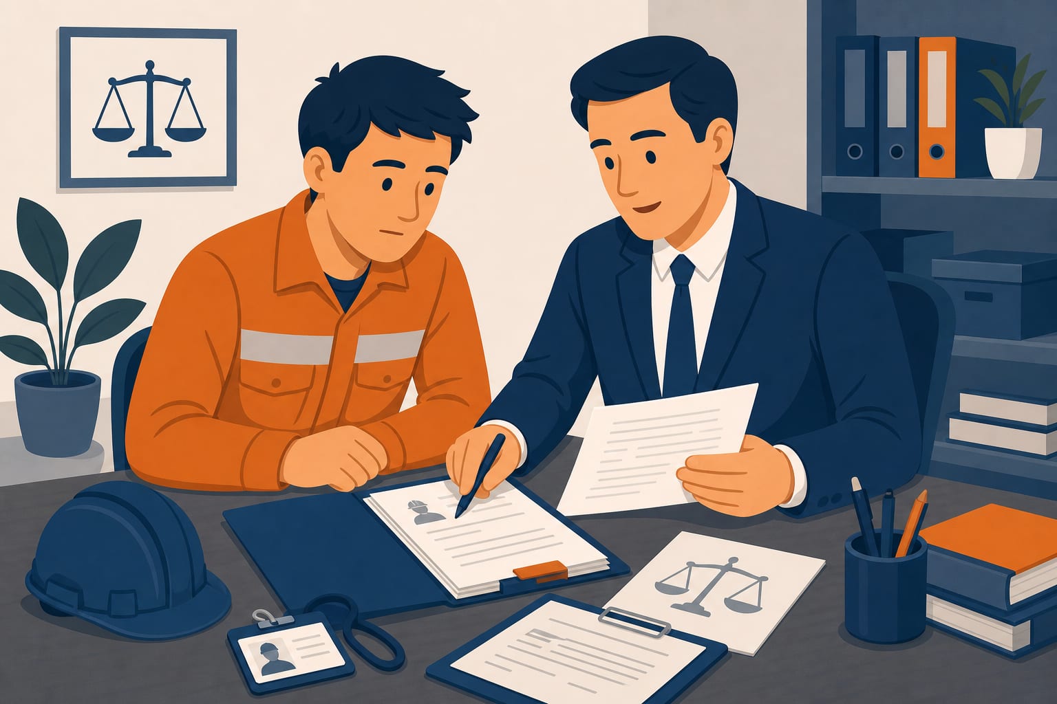 Trabajadora revisando una denuncia laboral y documentos sobre un escritorio, en una ilustración editorial sobria sobre tutela laboral